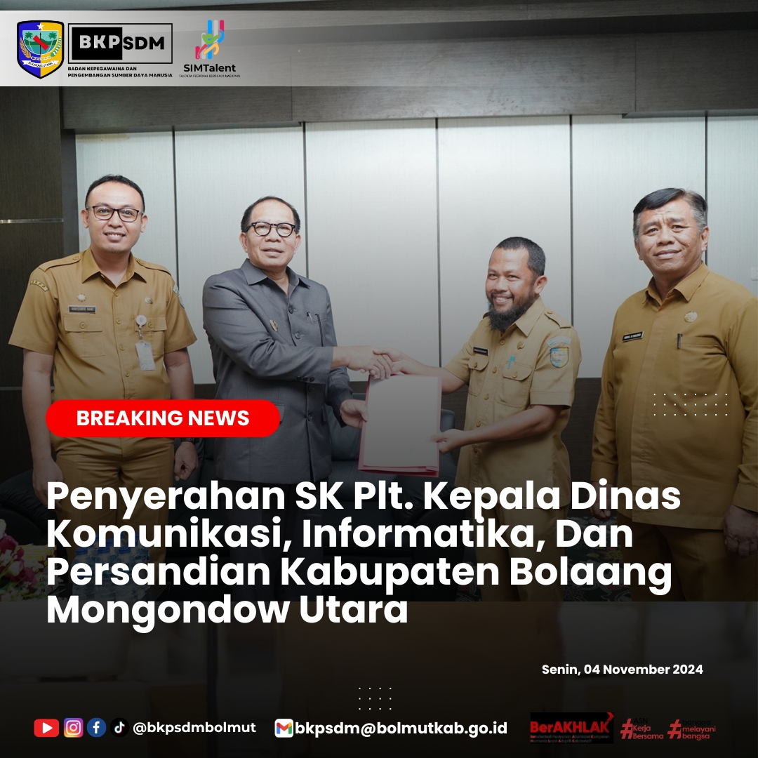 Penyerahan SK Plt. Kepala Dinas Komunikasi, Informatika, Dan Persandian Kabupaten Bolaang Mongondow Utara